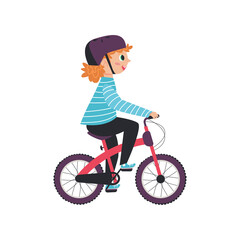 Naklejka premium Cheerful child girl in helmet riding bicycle, flat vector illustration isolated.
