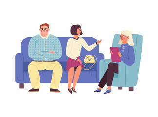 Family couple psychotherapy session scene flat vector illustration isolated.