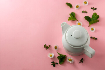 Abstract herbal tea with fresh chamomile flowers and mint leaves, top view