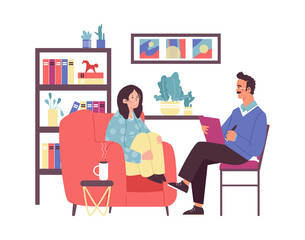 Male psychologist talking with sad woman having mental problem or depression.