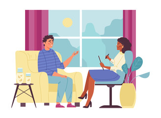 Woman psychologist talking unhappy young man having problem a vector illustration