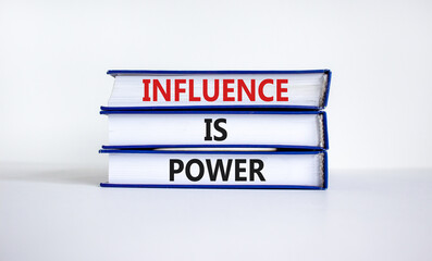 Influence is power symbol. Books with words 'Influence is power'. Beautiful white background. Business, influence is power concept, copy space.
