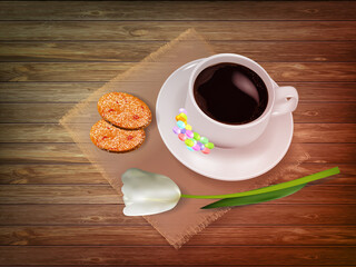 Morning strong coffee cup and cookies on rustic wooden background. Coffee break with white mug, white tulip.