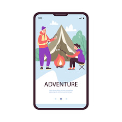 Onboarding page for adventure and travel planning app, flat vector illustration.