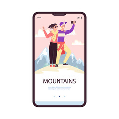 Mountaineering sport activity onboarding page, flat vector illustration.