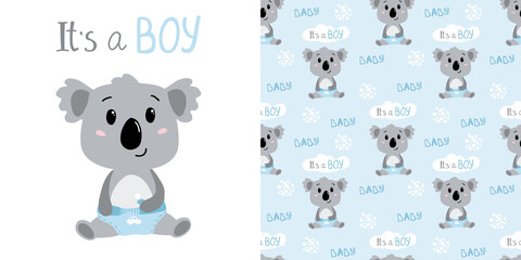 Hand drawn baby boy koala in diapers. Childish seamless pattern with koala character. Vector illustration © Ira