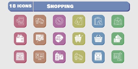 shopping icon set. included online shop, shopping bag, sale, shop, wallet, price tag, shopping cart, discount, shopping-basket icons on white background. linear, filled styles.