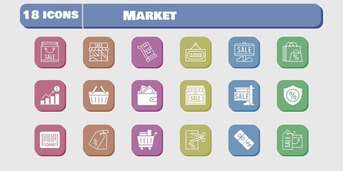 market icon set. included profits, shop, wallet, voucher, discount, shopping-basket, trolley, shopping bag, sale, price tag icons on white background. linear, filled styles.