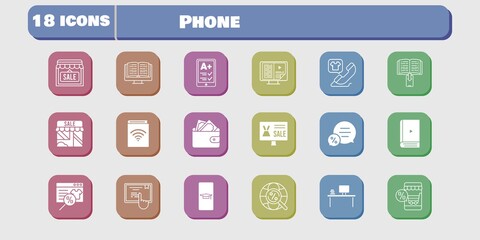 phone icon set. included student-smartphone, online shop, ereader, audiobook, ebook, desktop, shop, wallet, chat, phone call icons on white background. linear, filled styles.
