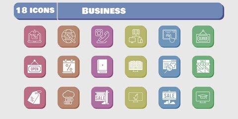 business icon set. included calendar, shop, touchscreen, student-desktop, microscope, cloud library, online shop, sale icons on white background. linear, filled styles.