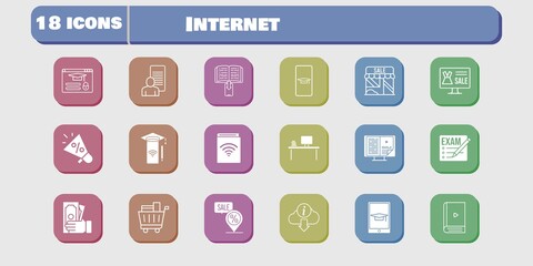 internet icon set. included megaphone, study, audiobook, shop, smartphone, login, exam, student-smartphone, online shop, ebook icons on white background. linear, filled styles.
