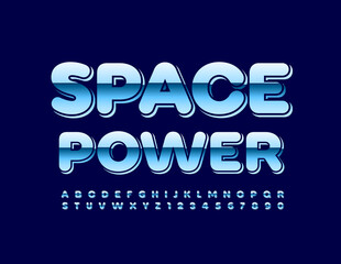 Vector futuristic concept Space Power with Blue metallic Font. Glossy Alphabet Letters and Numbers set
