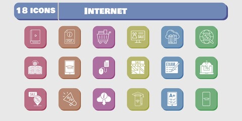 internet icon set. included megaphone, smartphone, shop, learning, click, exam, student-smartphone, cloud, online shop, ereader icons on white background. linear, filled styles.