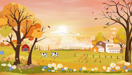 Autumn landscape of farm field with Pink sky. Wonderland of Mid Autumn in countryside with cows, wooden barn and farmhouse in sunny day,Vector backdrop banner for fall season or Autumnal background © Anchalee