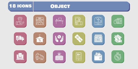 object icon set. included shop, wallet, learn, jacket, discount, learning, delivery truck, ereader, mortgage, desktop, shirt icons on white background. linear, filled styles.