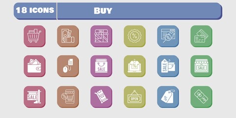 buy icon set. included shop, wallet, discount, click, trolley, shopping bag, online shop, sale, money, price tag, shopping cart icons on white background. linear, filled styles.