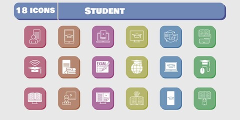 student icon set. included study, learn, homework, learning, student-desktop, student-smartphone, exam, student-laptop, ebook icons on white background. linear, filled styles.