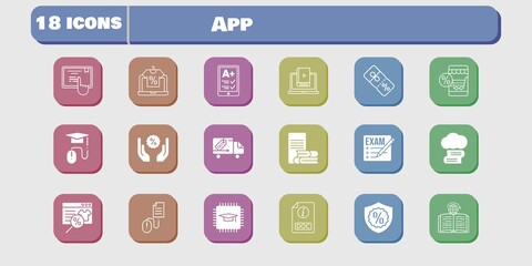 app icon set. included chip, learn, discount, learning, touchscreen, delivery truck, click, exam, cloud library, online shop icons on white background. linear, filled styles.