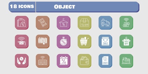 object icon set. included calendar, wallet, package, book, discount, training, delivery truck, trolley, shopping bag, shirt icons on white background. linear, filled styles.
