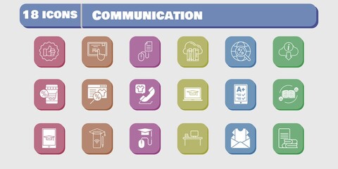 communication icon set. included newsletter, smartphone, like, touchscreen, click, feedback, cloud, online shop, ereader icons on white background. linear, filled styles.