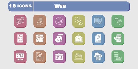 web icon set. included gift, megaphone, study, shop, like, training, cloud, online shop, sale, ereader, ebook, money icons on white background. linear, filled styles.