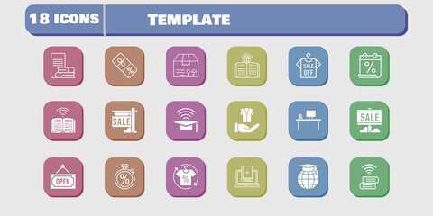 template icon set. included calendar, package, learn, book, discount, jacket, learning, sale, desktop, shirt, cap, school icons on white background. linear, filled styles.