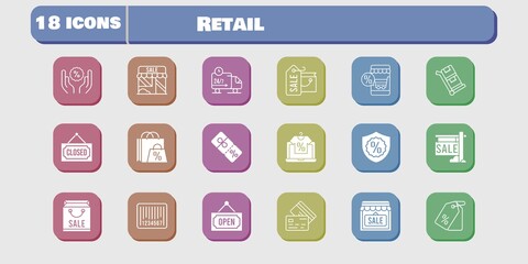 retail icon set. included shop, discount, delivery truck, trolley, shopping bag, online shop, sale, price tag, warranty icons on white background. linear, filled styles.