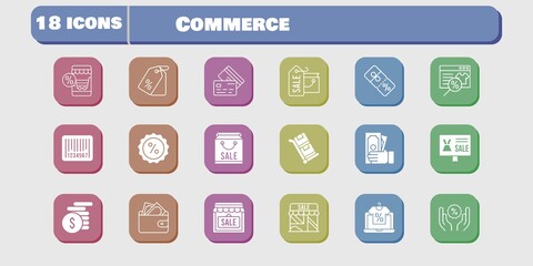 commerce icon set. included online shop, shopping bag, wallet, shop, money, price tag, discount, credit card, barcode, trolley icons on white background. linear, filled styles.