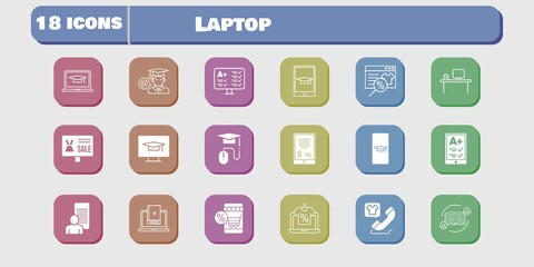 laptop icon set. included study, test, learn, student-desktop, student-smartphone, feedback, online shop, tablet, ereader icons on white background. linear, filled styles.