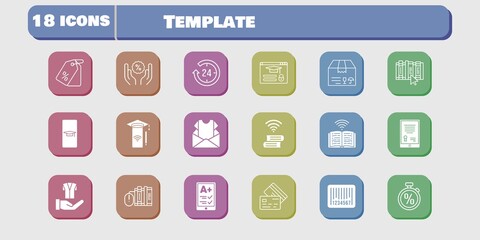 template icon set. included newsletter, package, smartphone, book, jacket, discount, login, student-smartphone, tablet icons on white background. linear, filled styles.