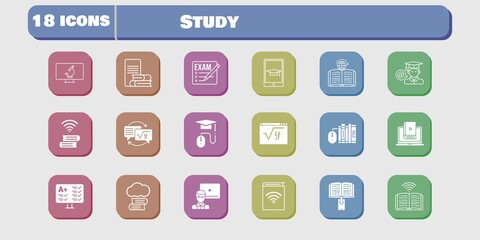 study icon set. included audiobook, test, learn, homework, maths, book, learning, microscope, cloud library, exam, books icons on white background. linear, filled styles.