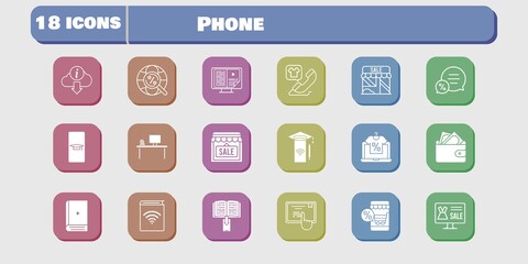 phone icon set. included audiobook, wallet, shop, smartphone, touchscreen, student-smartphone, online shop, ebook, desktop icons on white background. linear, filled styles.