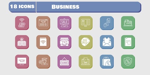 business icon set. included newsletter, handshake, audiobook, test, learn, book, training, learning, student-desktop, login icons on white background. linear, filled styles.