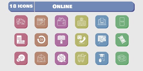online icon set. included wallet, homework, learn, learning, delivery truck, trolley, exam, student-smartphone, online shop icons on white background. linear, filled styles.