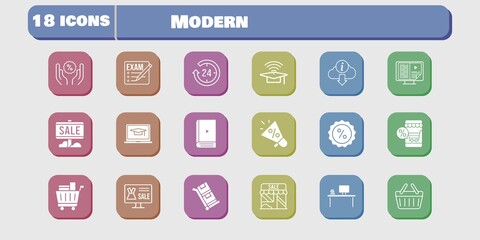 modern icon set. included megaphone, shop, discount, shopping basket, trolley, exam, online shop, 24-hours, sale, desktop icons on white background. linear, filled styles.