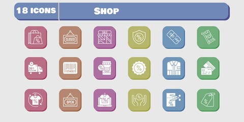 shop icon set. included shop, voucher, discount, delivery truck, trolley, online shop, shopping bag, shirt, price tag, closed icons on white background. linear, filled styles.