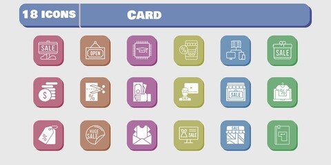 card icon set. included gift, newsletter, chip, shop, voucher, online shop, sale, teacher, money, school, price tag, enter icons on white background. linear, filled styles.
