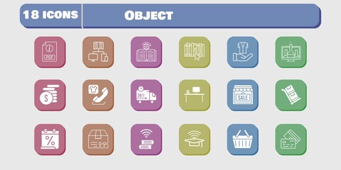 object icon set. included calendar, chemistry, shop, package, book, jacket, shopping-basket, learning, delivery truck, trolley icons on white background. linear, filled styles.