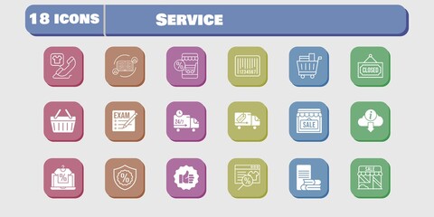 service icon set. included shop, like, shopping-basket, delivery truck, feedback, exam, online shop, online-learning, shopping cart icons on white background. linear, filled styles.
