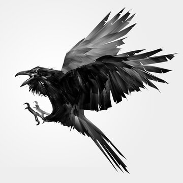 painted monochrome bird raven in flight with open beak