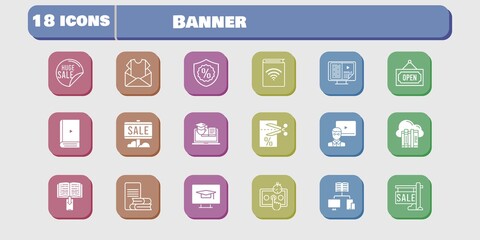 banner icon set. included newsletter, audiobook, test, voucher, training, student-desktop, cloud, sale, teacher, ebook icons on white background. linear, filled styles.