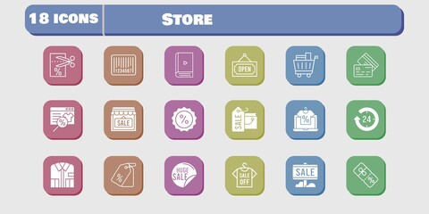 store icon set. included shop, voucher, discount, online shop, shopping bag, 24-hours, sale, shirt, ebook, price tag, shopping cart icons on white background. linear, filled styles.