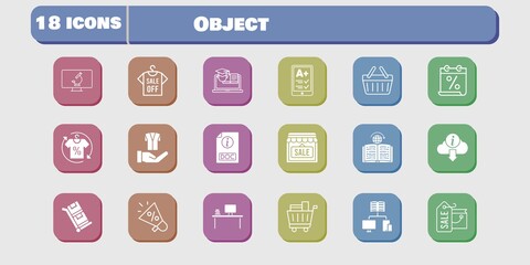 object icon set. included calendar, megaphone, shop, jacket, learning, training, microscope, shopping basket, trolley, shopping bag icons on white background. linear, filled styles.