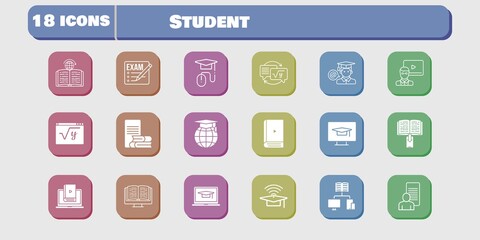 student icon set. included study, learn, homework, maths, learning, student-desktop, exam, ebook, student-laptop, cap icons on white background. linear, filled styles.