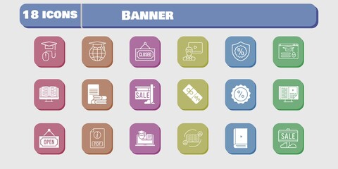 banner icon set. included discount, training, login, feedback, sale, ebook, pdf, teacher, school, online-learning, elearning icons on white background. linear, filled styles.