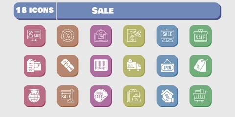 sale icon set. included gift, voucher, discount, delivery truck, shopping bag, online shop, sale, mortgage, school, price tag icons on white background. linear, filled styles.