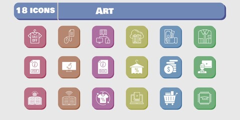 art icon set. included chip, learn, book, learning, click, microscope, cloud, teacher, shirt, pdf, money, school, towel icons on white background. linear, filled styles.