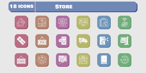 store icon set. included shop, voucher, book, discount, delivery truck, online shop, shopping bag, sale, 24-hours, shirt icons on white background. linear, filled styles.