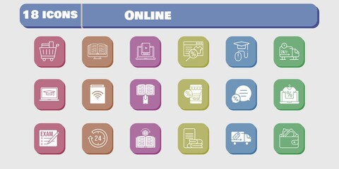 online icon set. included audiobook, wallet, learn, learning, delivery truck, exam, online shop, 24-hours, ebook, student-laptop icons on white background. linear, filled styles.