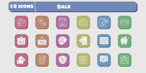 sale icon set. included gift, shop, voucher, discount, shopping basket, online shop, shopping bag, sale, school, shopping cart icons on white background. linear, filled styles.